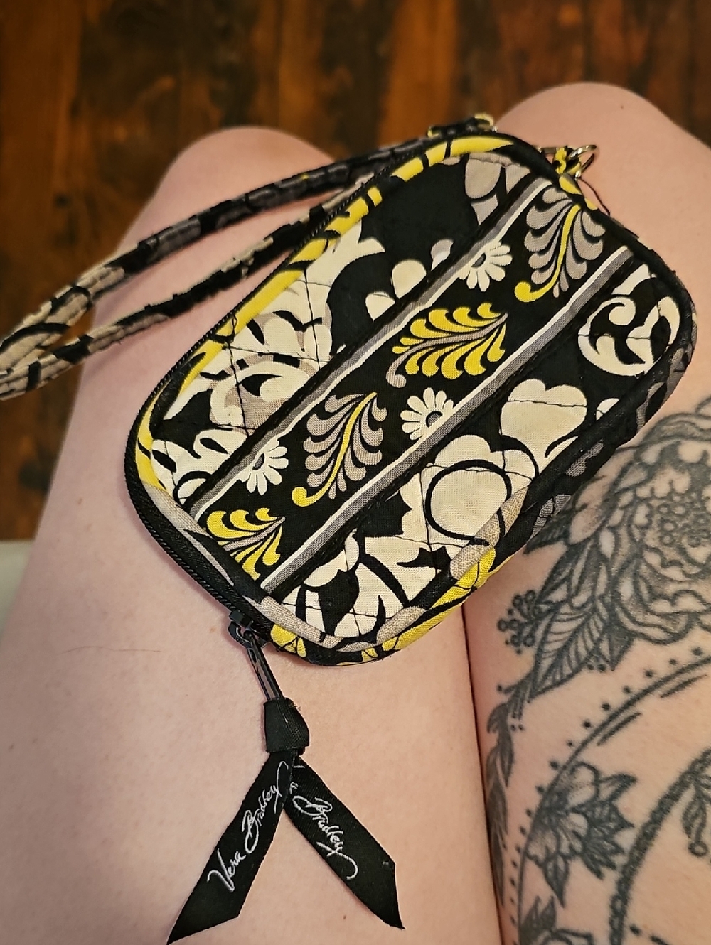 Vera Bradley Black, Green, Gray and Cream Quilted Wristlet